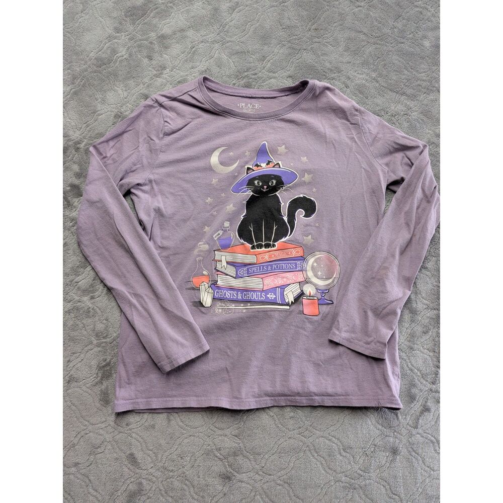 The Children's Place Girls XL 14 Purple Witch Cat Halloween Graphic Tee